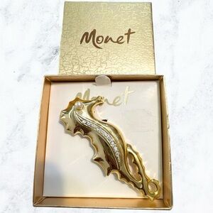 Monet Gold Seahorse Brooch with pearl Eye & beautiful rhinestones down his back